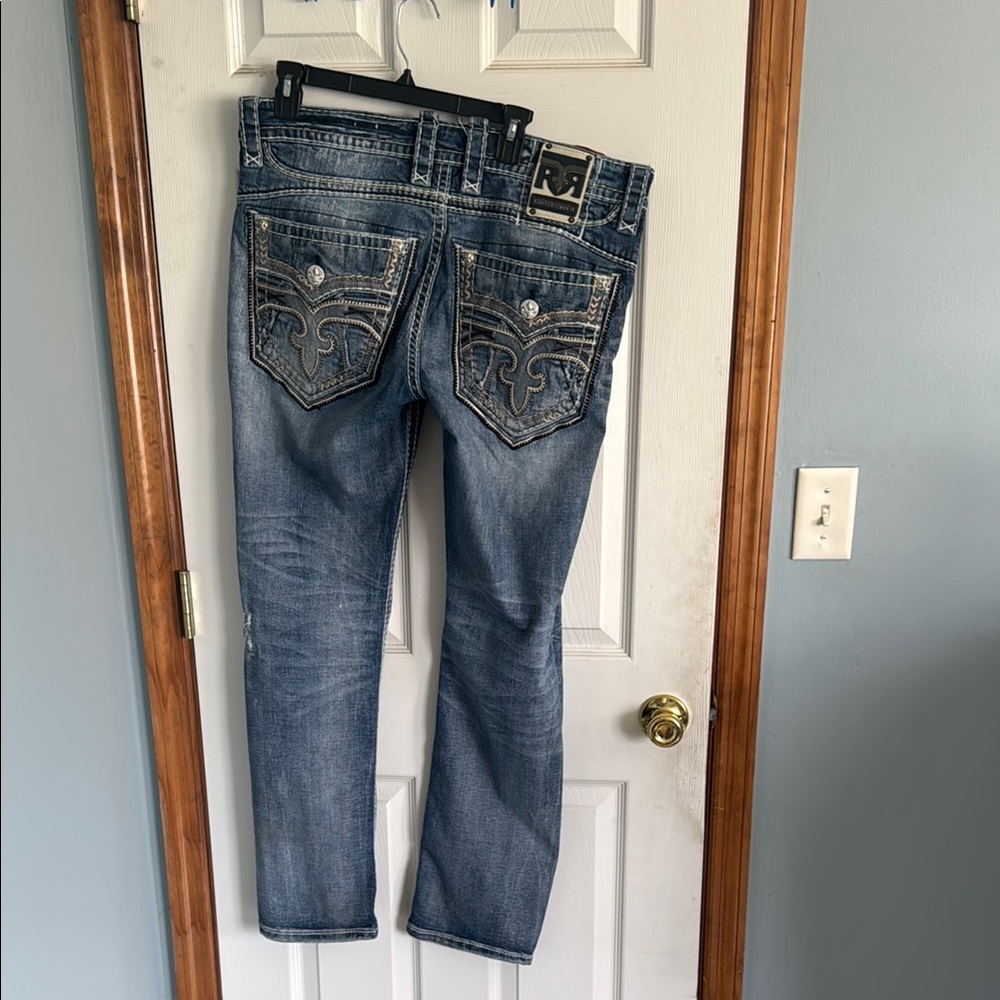 Rock Revival Blue Straight Jeans with Signature Stitching
